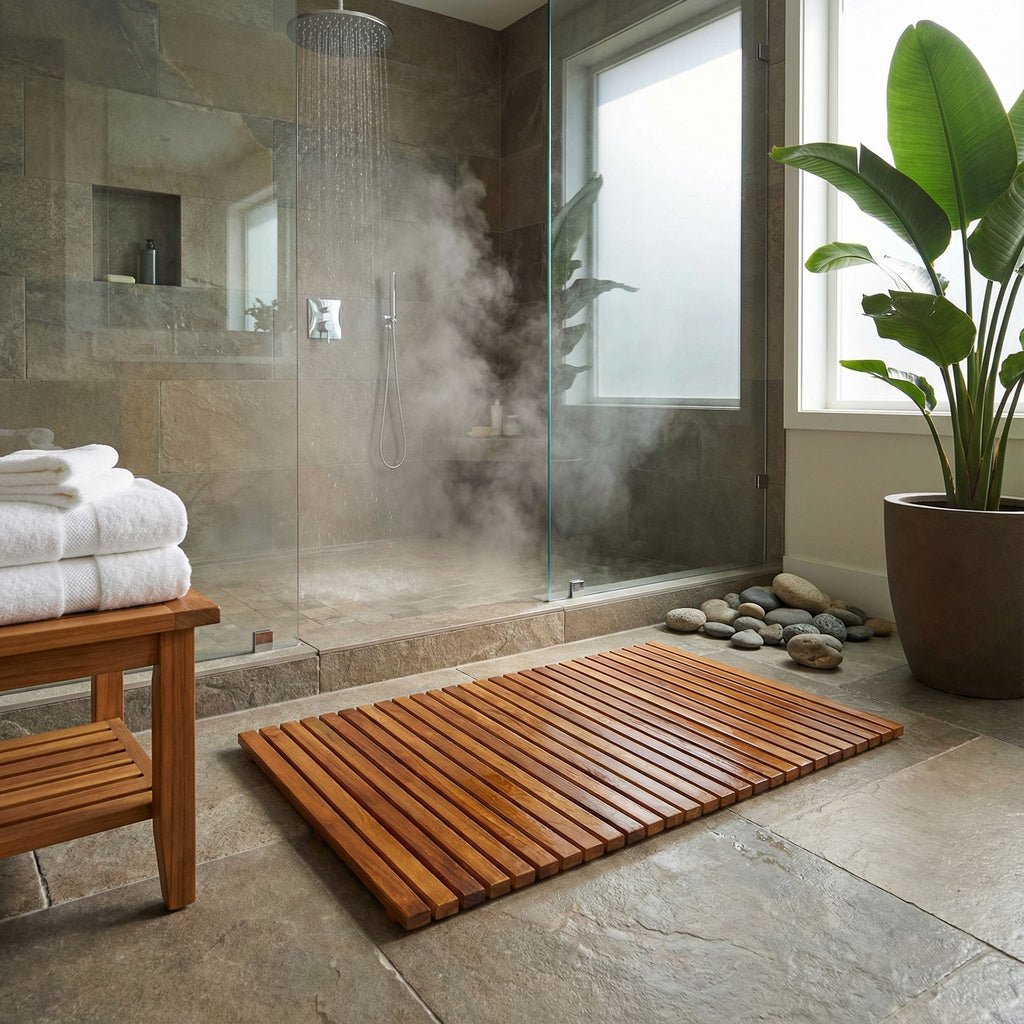 Bare Decor Nori Shower, Spa, Door Mat in Solid Teak Wood and Oiled Finish, Large: 31.5" x 19.5"