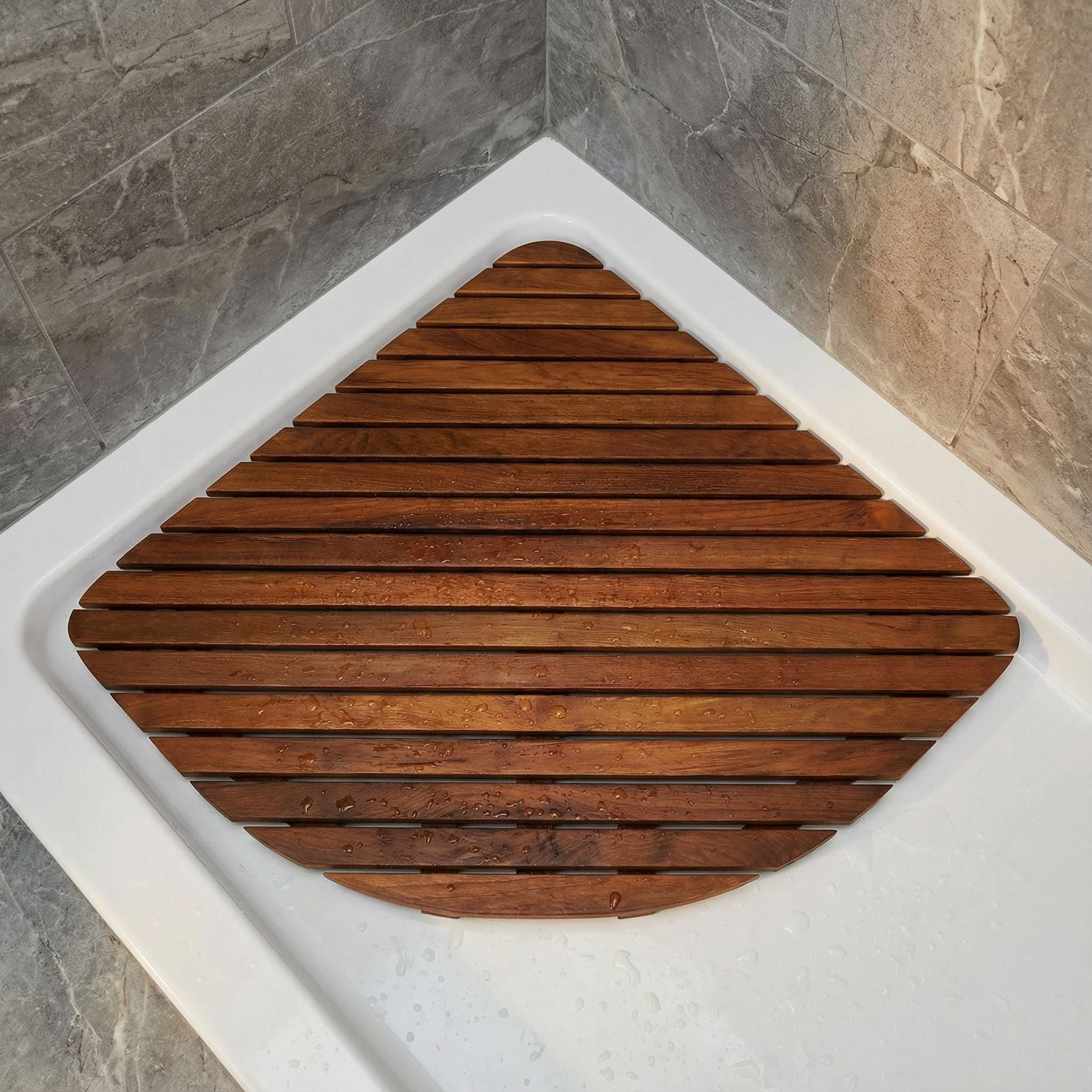 Bare Decor Dania Corner Shower Spa Mat in Solid Teak Wood and Oiled Finish, 24" x 24"