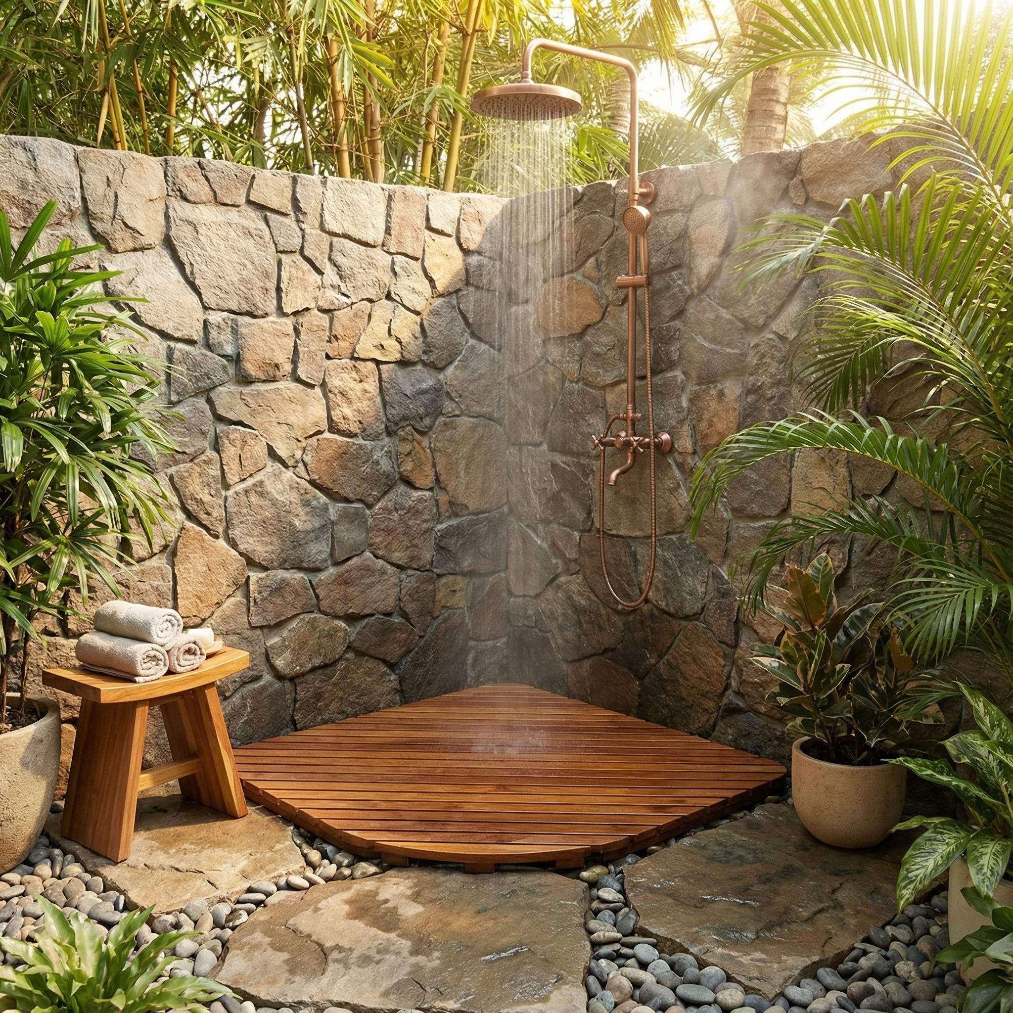 Bare Decor Dania Corner Shower Spa Mat in Solid Teak Wood and Oiled Finish, 24" x 24"
