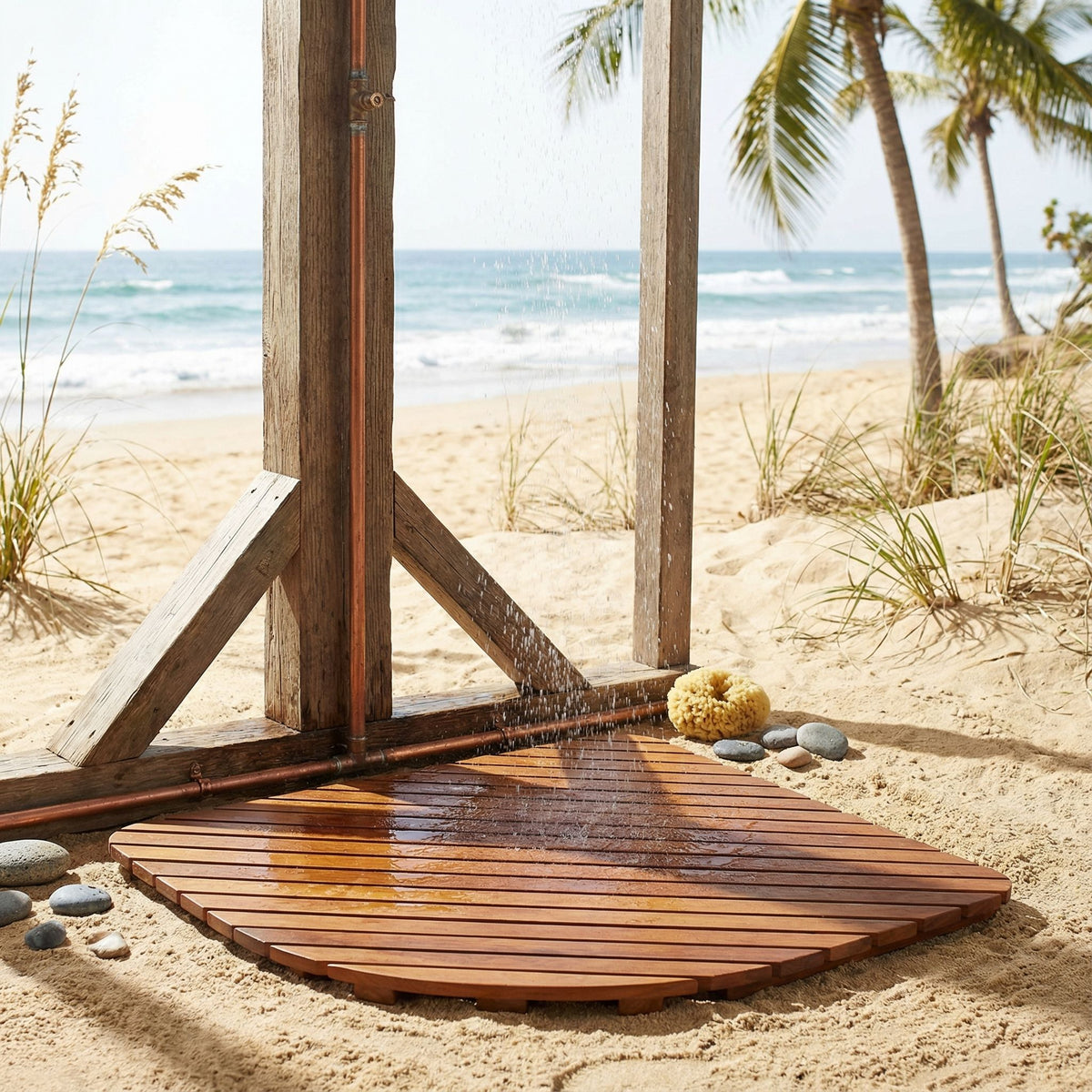 Bare Decor Dania Corner Shower Spa Mat in Solid Teak Wood and Oiled Finish, 24" x 24"