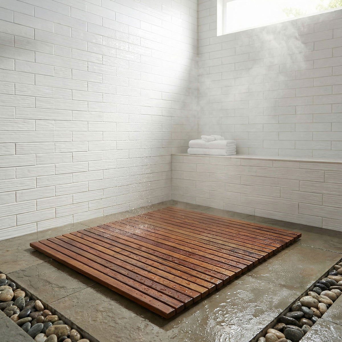 Bare Decor Fuji String Spa Shower Mat in Solid Teak Wood Oiled Finish. XL Square 30" x 30"