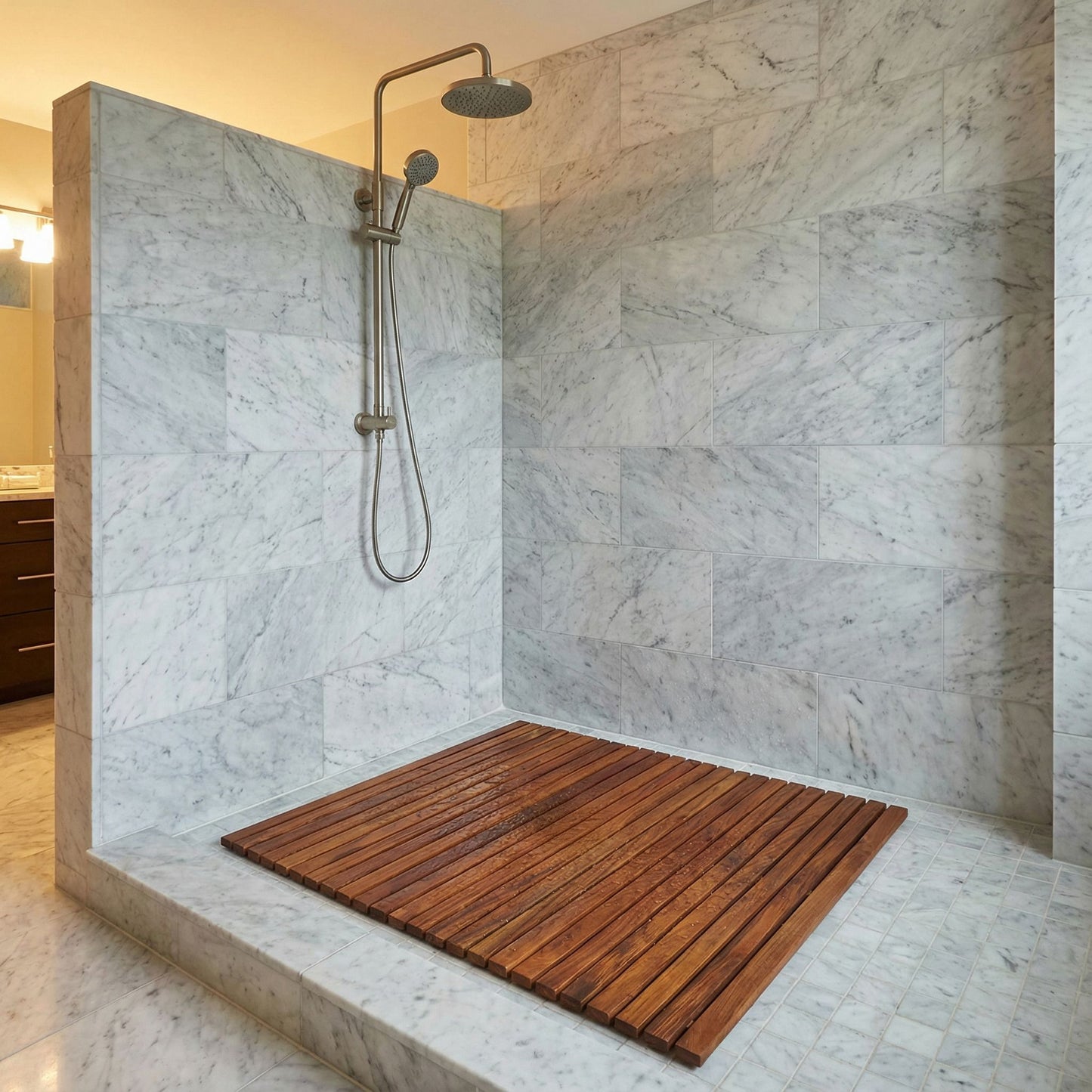 Bare Decor Fuji String Spa Shower Mat in Solid Teak Wood Oiled Finish. XL Square 30" x 30"