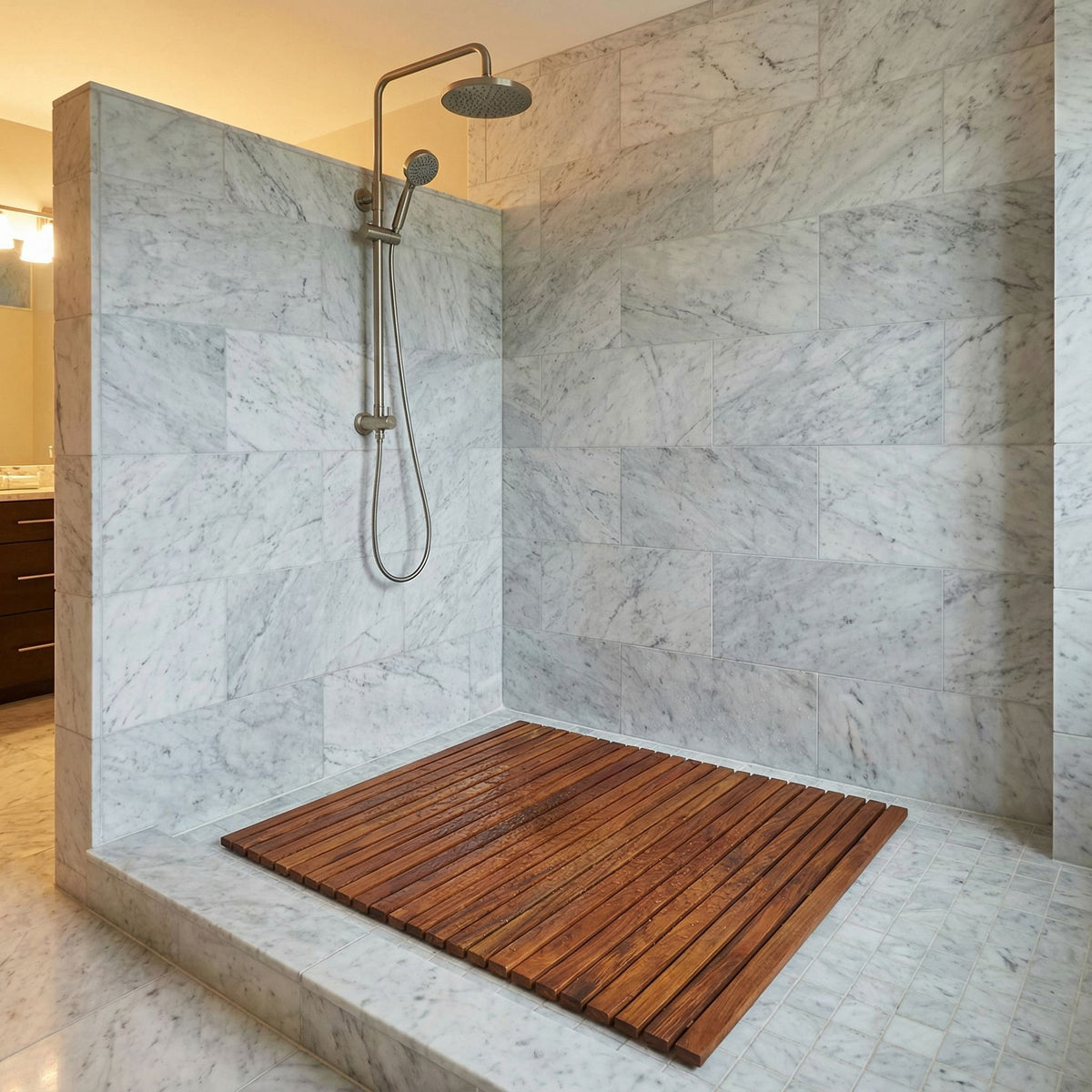 Bare Decor Fuji String Spa Shower Mat in Solid Teak Wood Oiled Finish. XL Square 30" x 30"