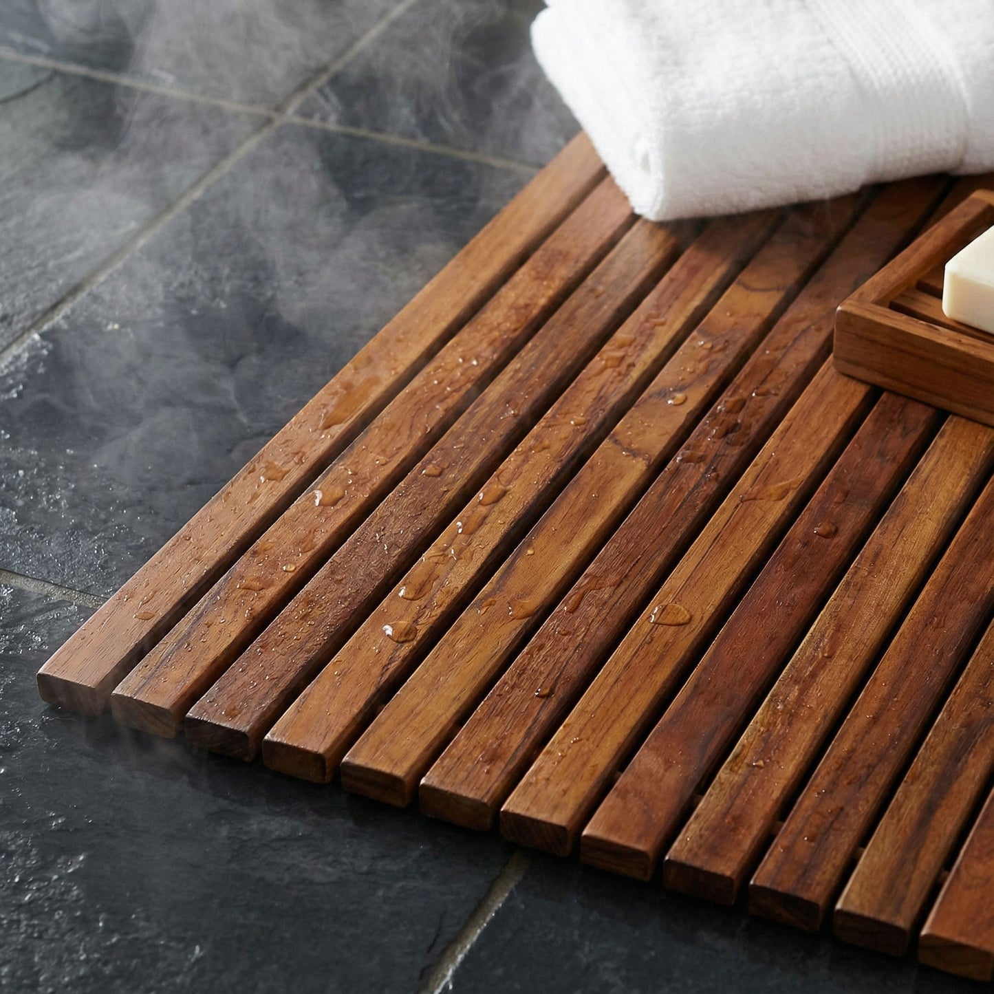 Bare Decor Fuji String Spa Shower Mat in Solid Teak Wood Oiled Finish. XL Square 30" x 30"
