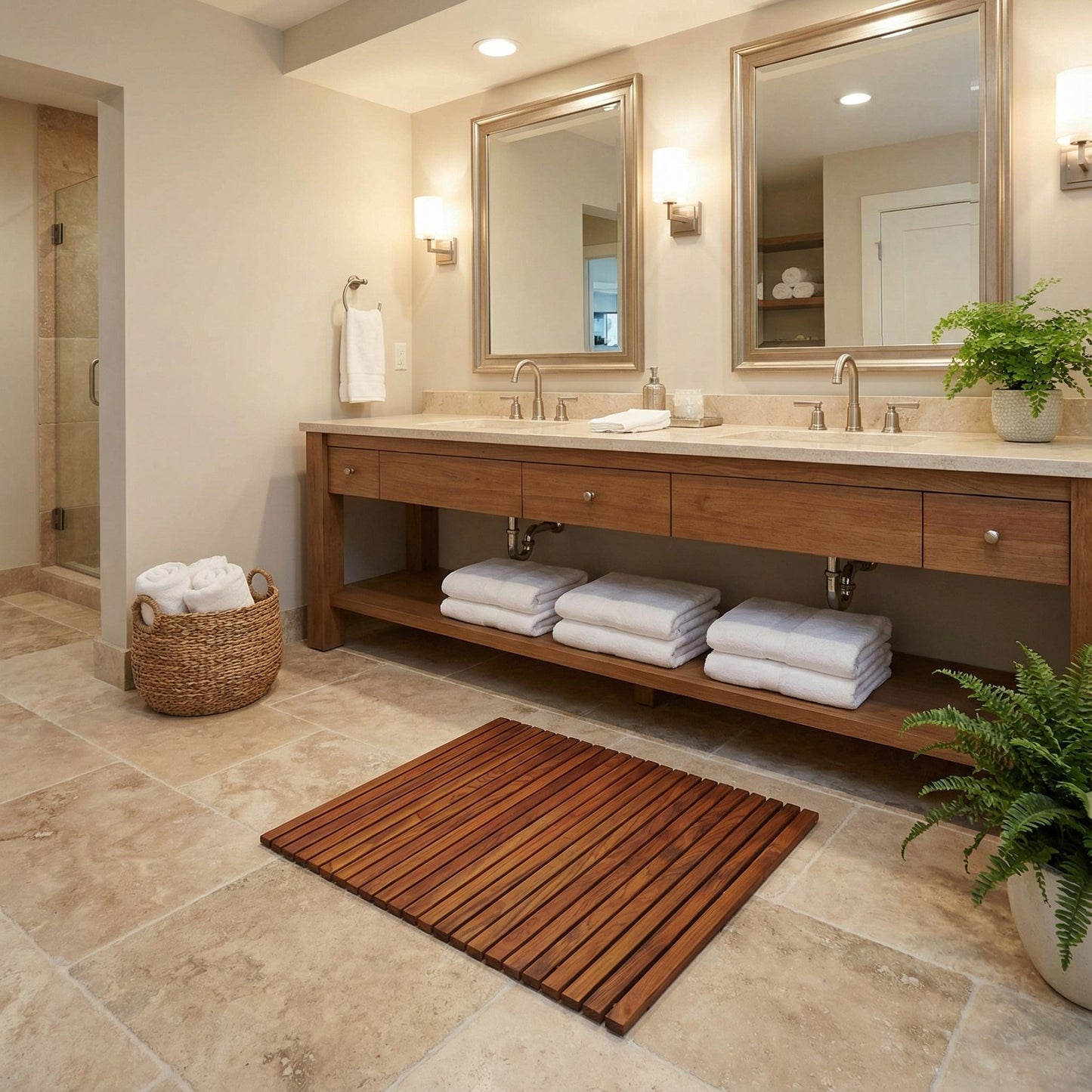 Bare Decor Fuji String Spa Shower Mat in Solid Teak Wood Oiled Finish. XL Square 30" x 30"