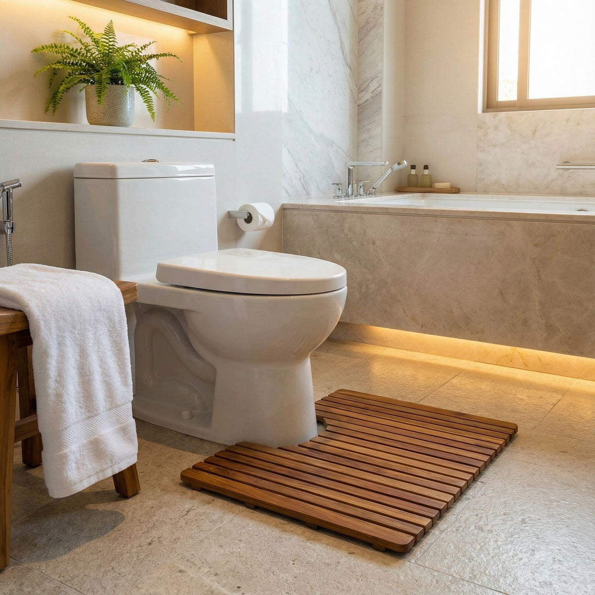 Bare Decor Peter Genuine Solid Teak Wood Toilet Mat, 20x18