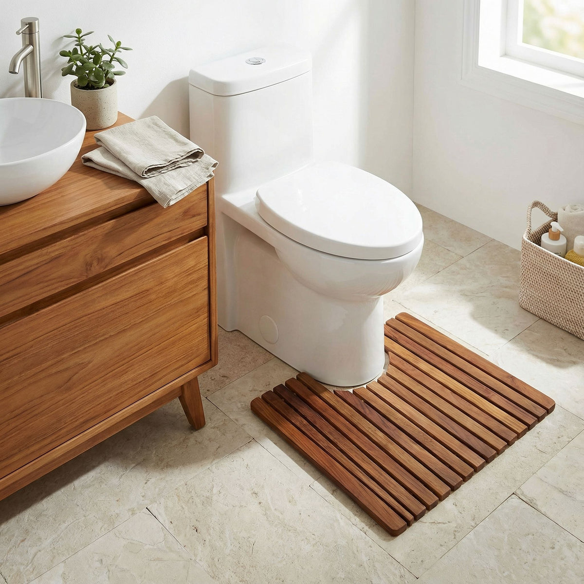 Bare Decor Peter Genuine Solid Teak Wood Toilet Mat, 20x18