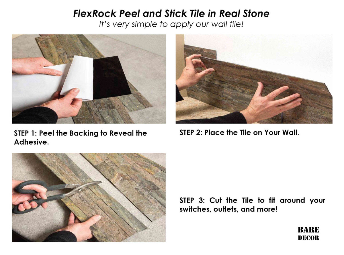 Bare Decor FlexRock Grey Pearl Peel and Stick Tile in Real Quartzite Stone, 9 Sq Ft