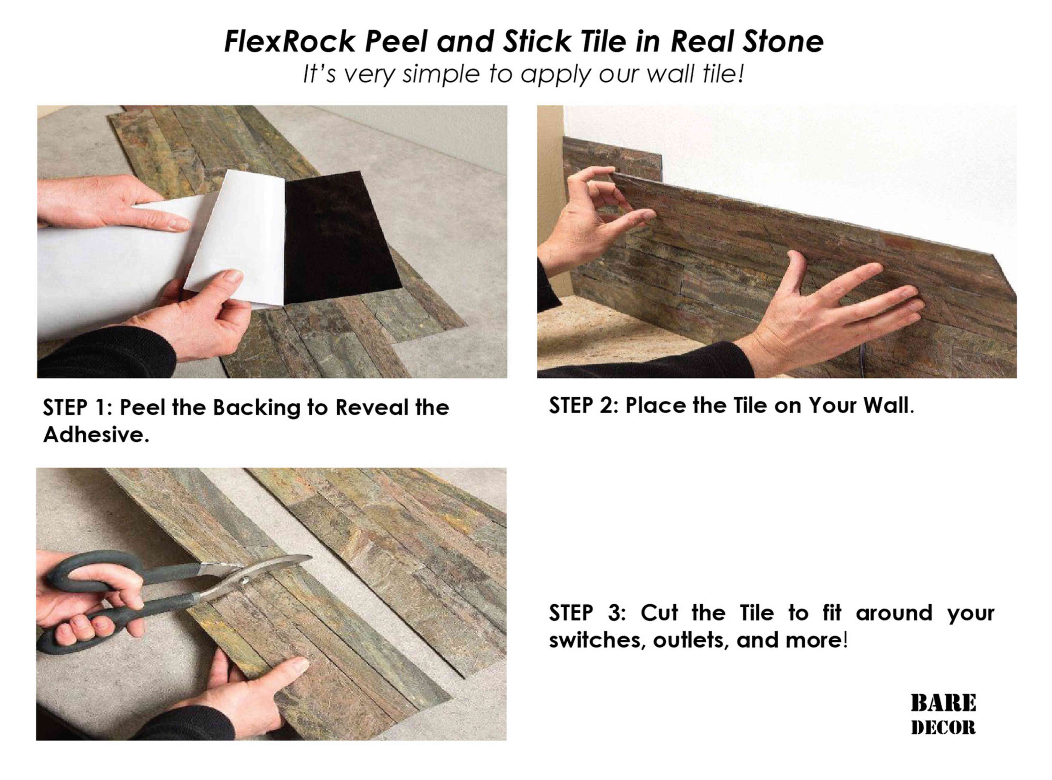 Bare Decor FlexRock Flat Grey Peel and Stick Tile in Real Slate Stone, 9 Sq Ft