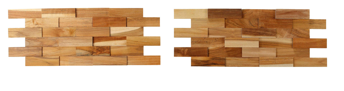 Bare Decor EZ-Wall Brick 3D Pattern Tile in Solid Teak Wood Natural Finish, Set of 10