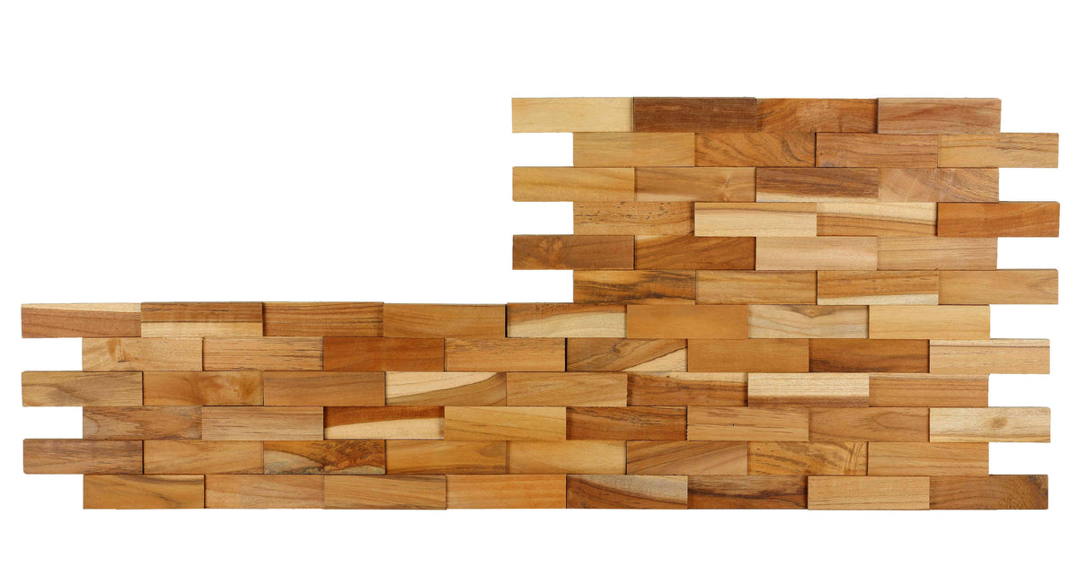 Bare Decor EZ-Wall Brick 3D Pattern Tile in Solid Teak Wood Natural Finish, Set of 10