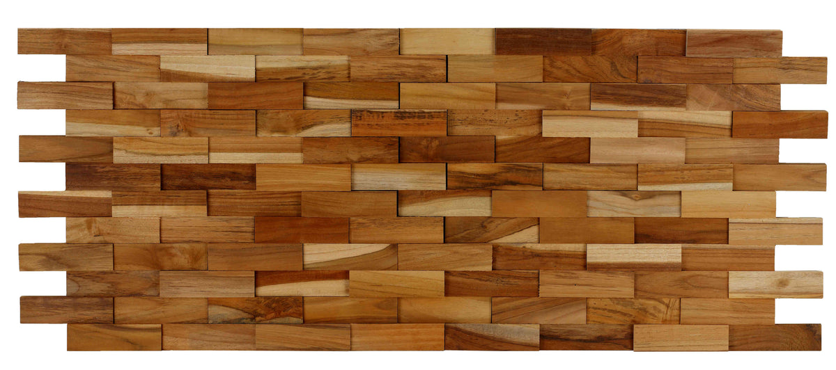 Bare Decor EZ-Wall Brick 3D Pattern Tile in Solid Teak Wood Natural Finish, Set of 10