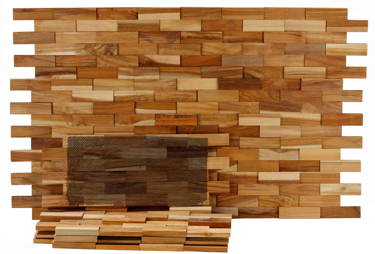 Bare Decor EZ-Wall Brick 3D Pattern Tile in Solid Teak Wood Natural Finish, Set of 10