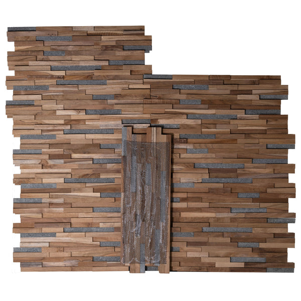 Bare Decor EZ-Wall Mosaic 3D Pattern with Stone Accents Tile in Solid Teak Wood Natural Finish, Set of 10