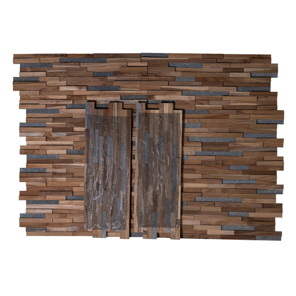 Bare Decor EZ-Wall Mosaic 3D Pattern with Stone Accents Tile in Solid Teak Wood Natural Finish, Set of 10