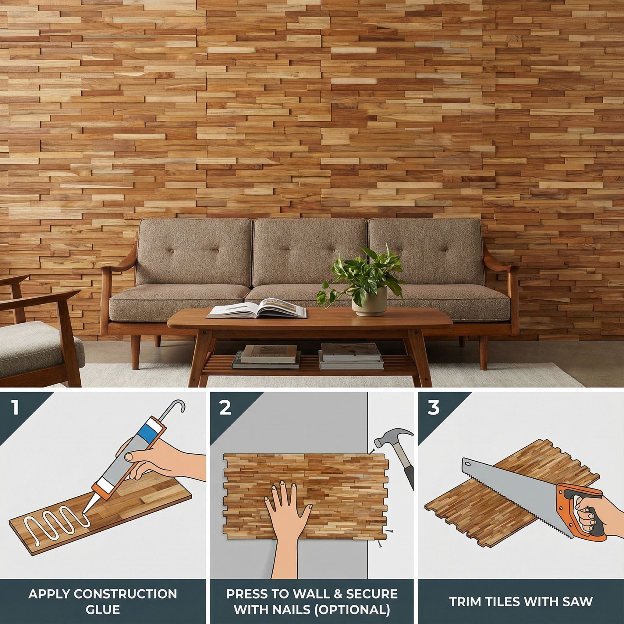 Bare Decor EZ-Wall 3D Mosaic Tile in Solid Teak Wood, Set of 10 Natural Finish Tiles