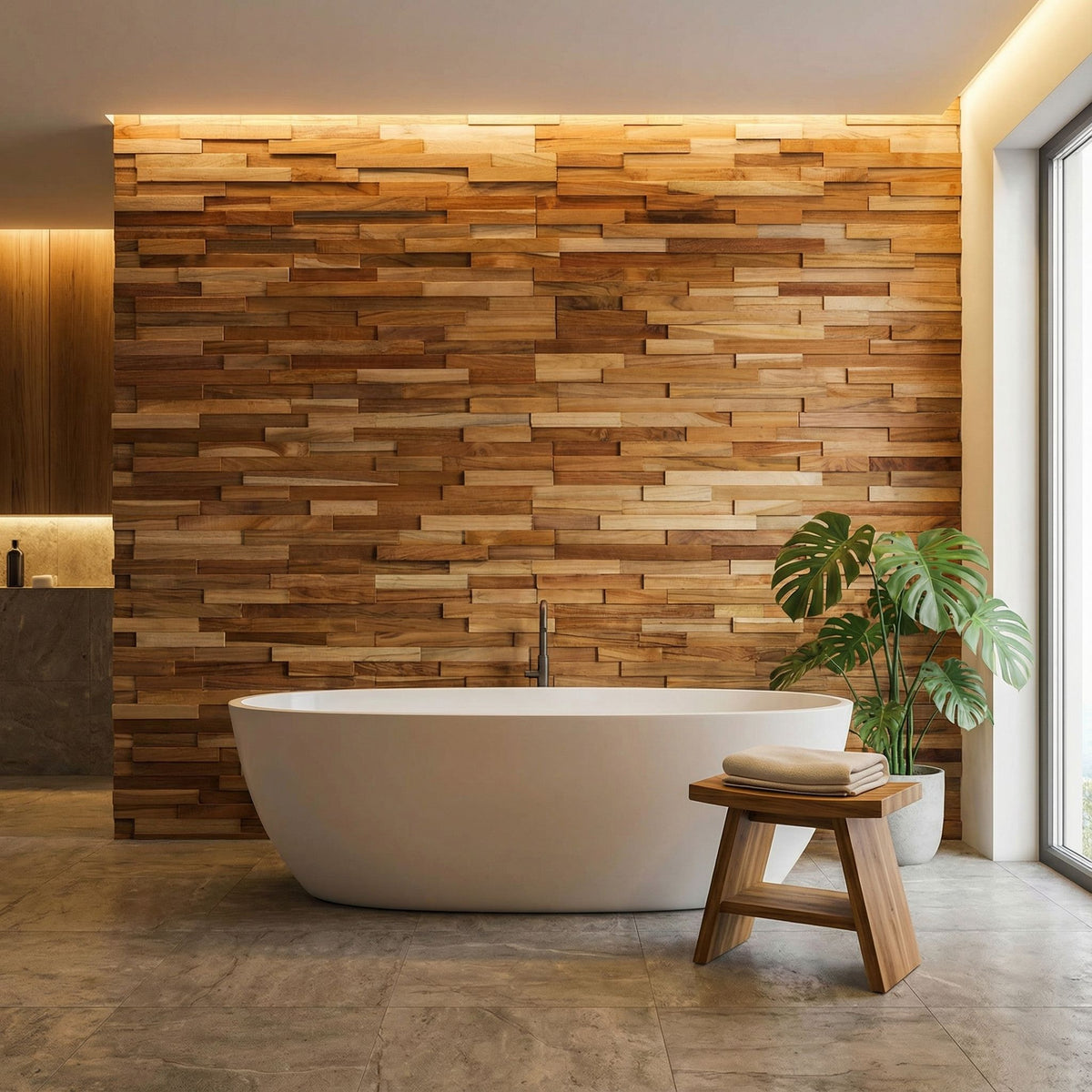 Bare Decor EZ-Wall 3D Mosaic Tile in Solid Teak Wood, Set of 10 Natural Finish Tiles