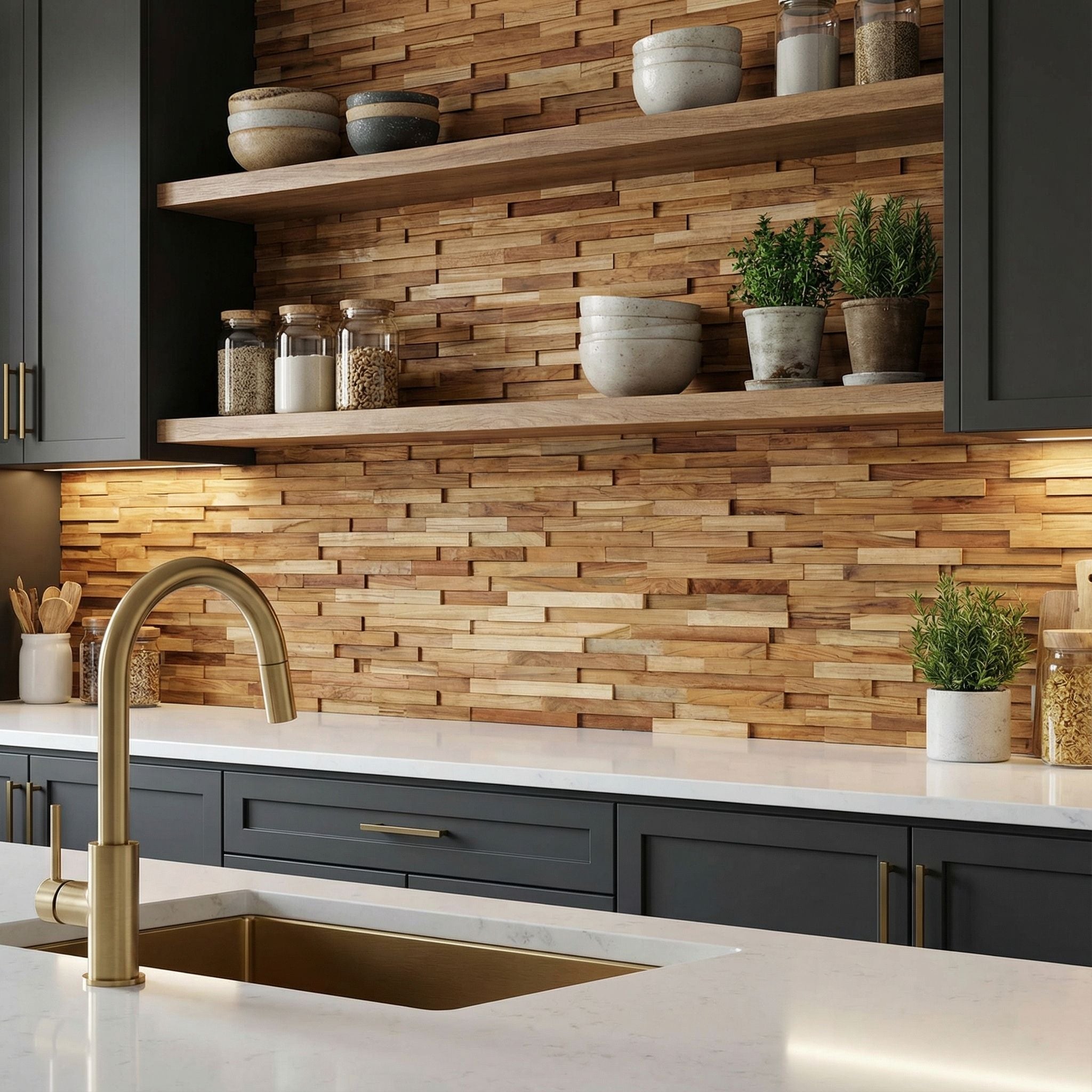 Bare Decor EZ-Wall 3D Mosaic Tile in Solid Teak Wood, Set of 10 Natural Finish Tiles