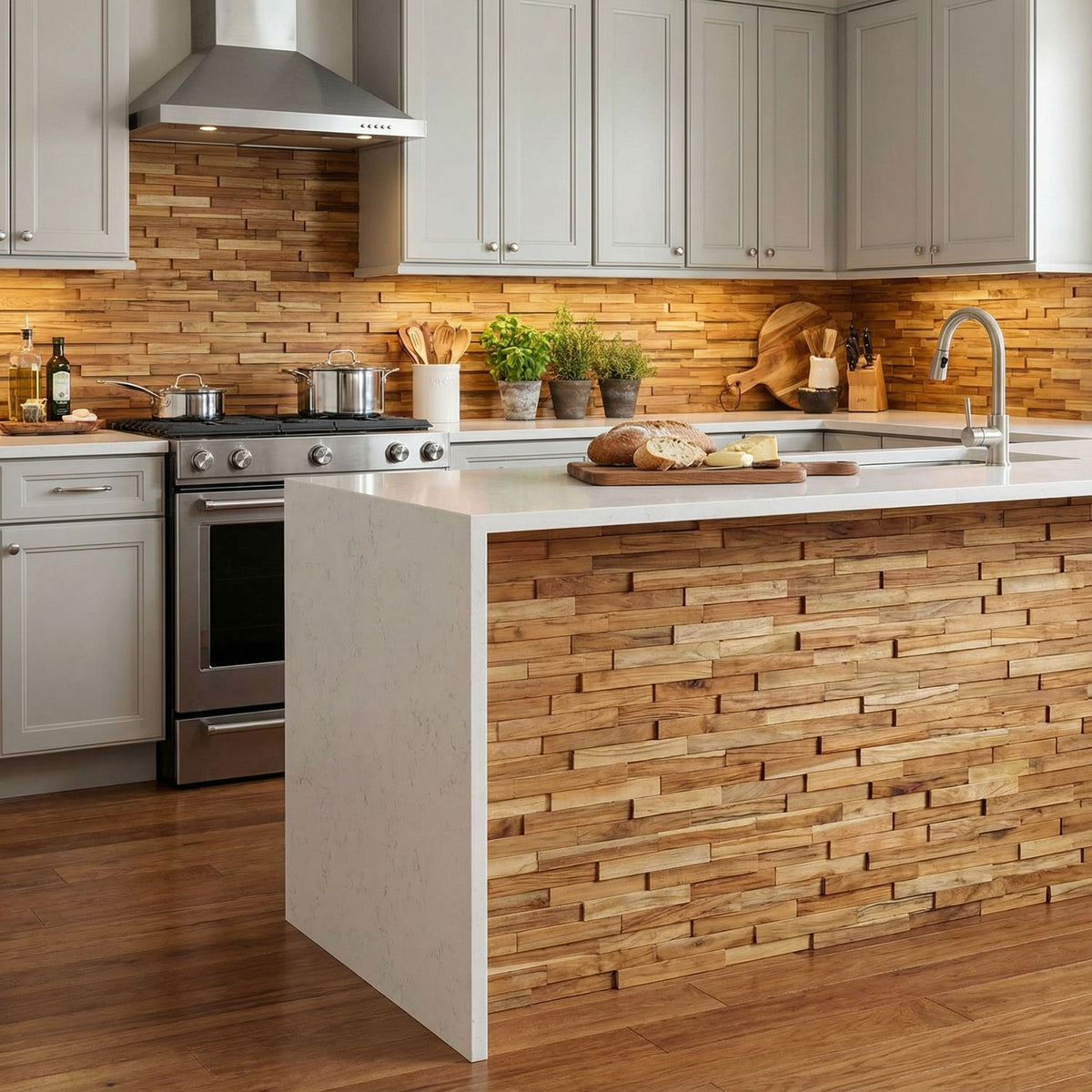 Bare Decor EZ-Wall 3D Mosaic Tile in Solid Teak Wood, Set of 10 Natural Finish Tiles