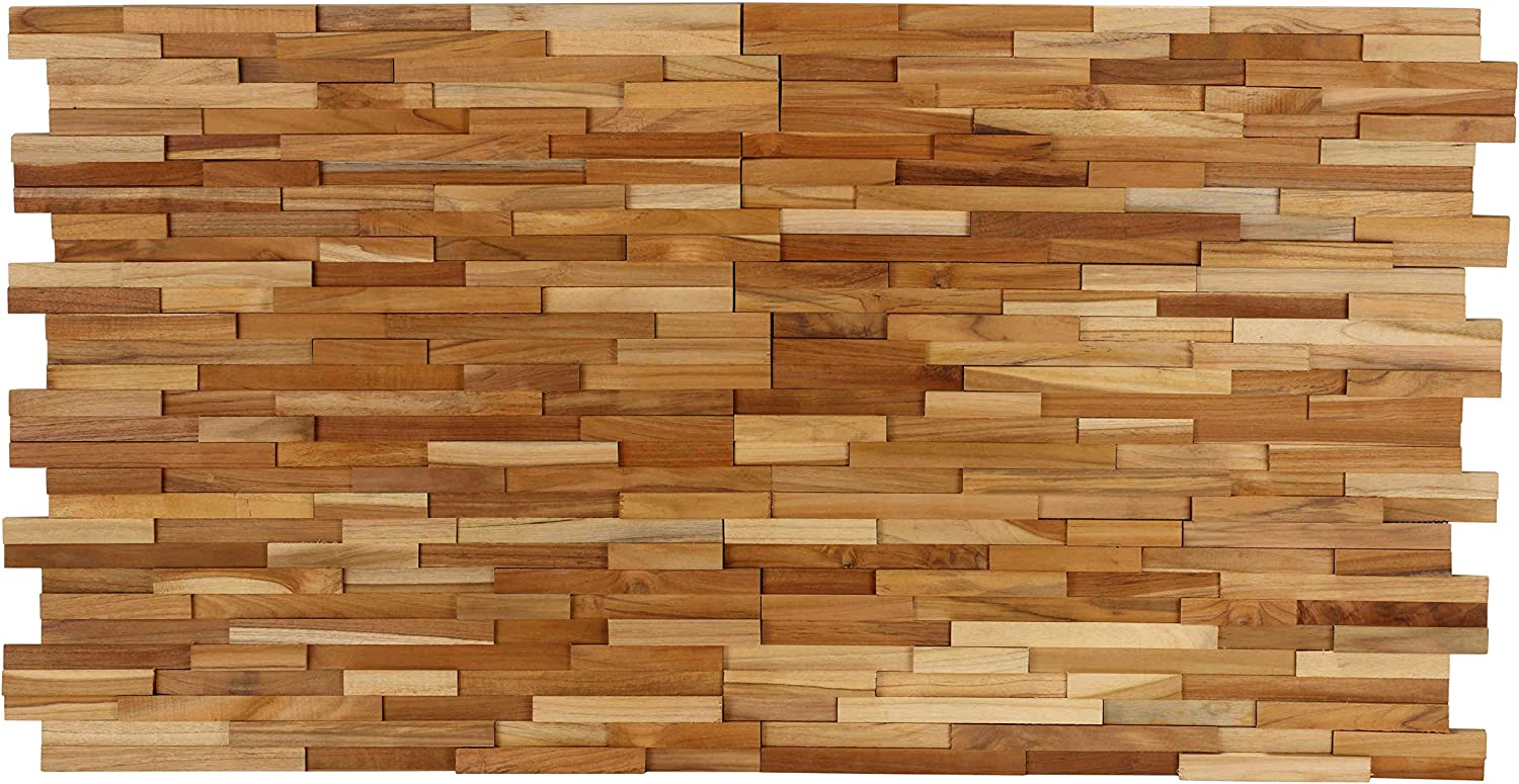 Bare Decor EZ-Wall 3D Mosaic Tile in Solid Teak Wood, Set of 10 Natural Finish Tiles