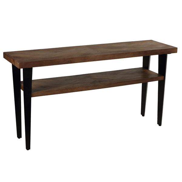 Bare Decor Alberta XL Console Table with Shelf in Parquet Style Wood and black metal legs, 56x16x30