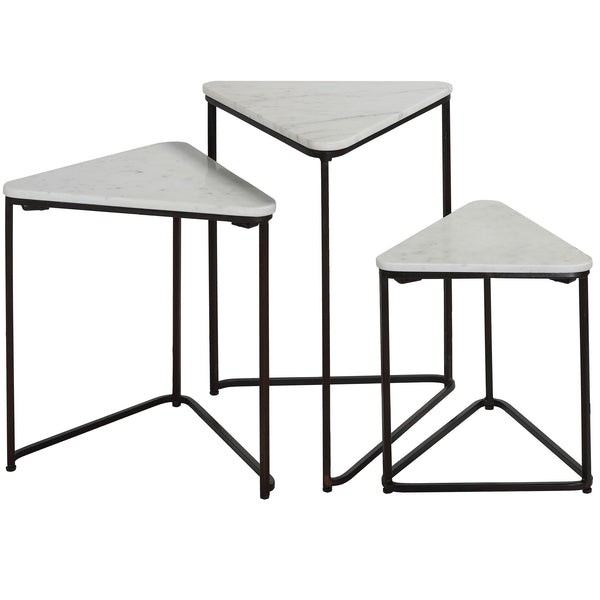 Bare Decor Trinity Nesting Tables, White Marble and Black Metal Frame, Set of 3