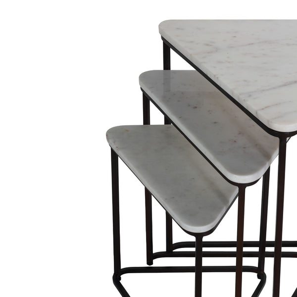 Bare Decor Trinity Nesting Tables, White Marble and Black Metal Frame, Set of 3