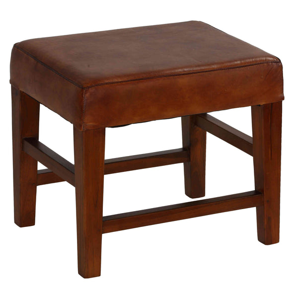 Bare Decor Alvin Genuine Leather Ottoman with Solid Teak Wood Legs, Brown