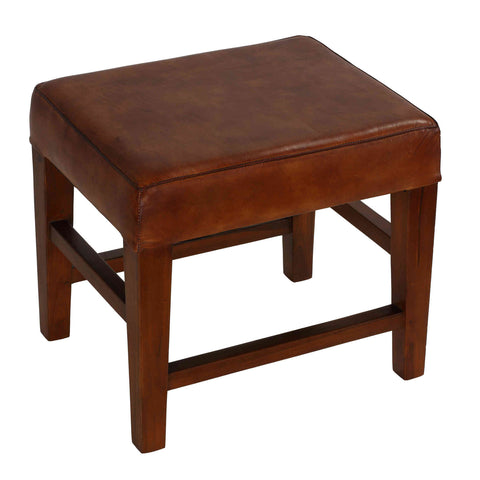 Bare Decor Alvin Genuine Leather Ottoman with Solid Teak Wood Legs, Brown