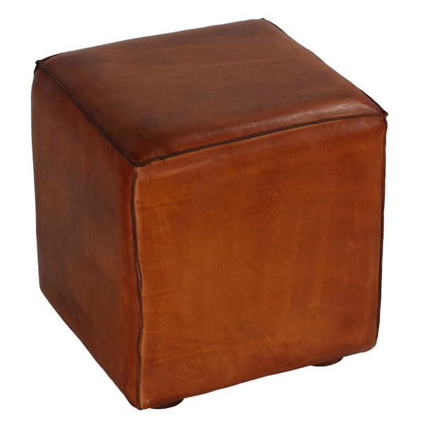 Bare Decor Sands Genuine Leather Cube Ottoman, Saddle Brown