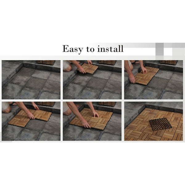 Bare Decor EZ-Floor Interlocking Flooring Tiles in Solid Teak Wood (Set of 10), Long 9 Slat