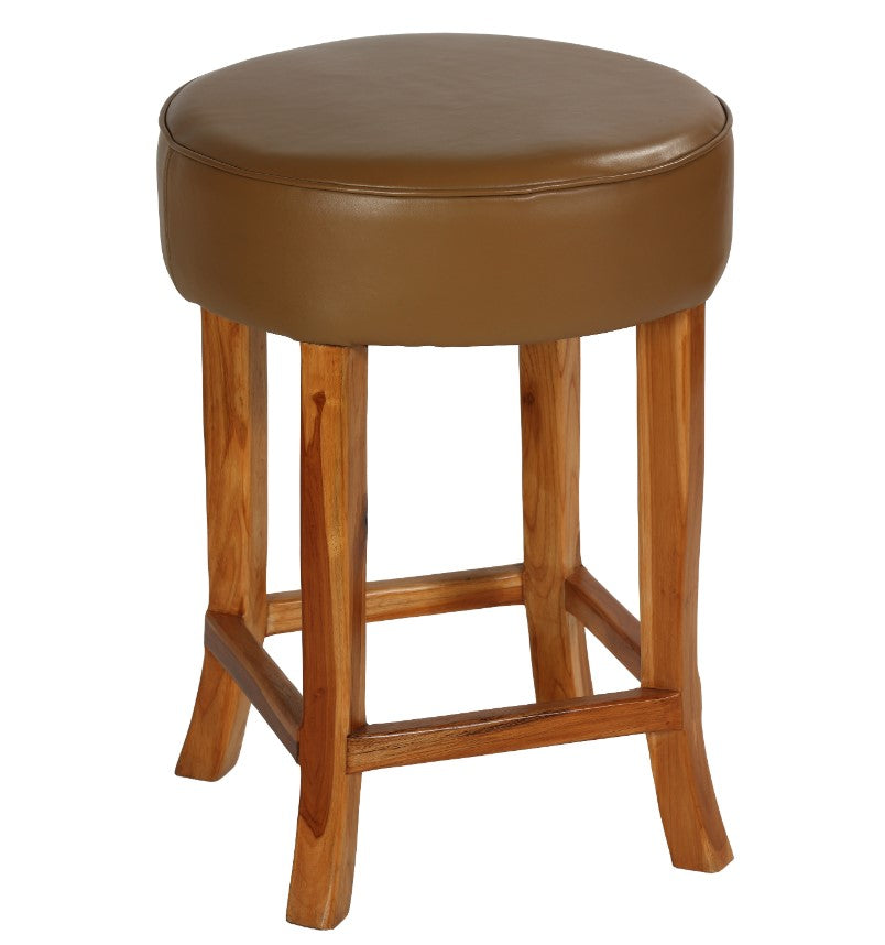 Bare Decor Pacha Round Counterstool in Light Tan Genuine Leather Oversized Seat and Solid Teak Wood Base, 18x18x24