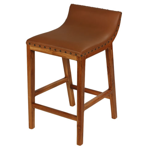 Bare Decor Luisa Counterstool in Light Tan Genuine Leather Seat and Solid Teak Wood Base with Brass Nailheads